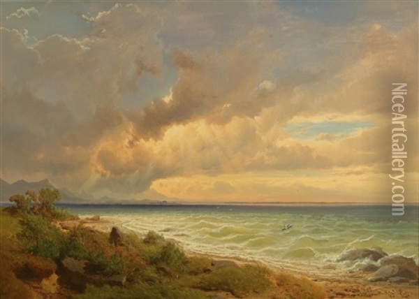 Chiemsee From The East Near Chieming With Approaching Storm Oil Painting - Maximilian Haushofer