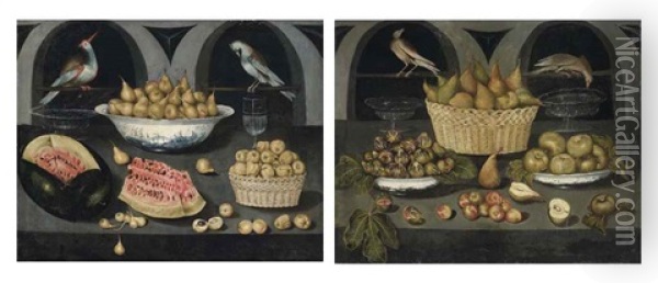 An Open Watermelon, Pears In A Chinese Porcelain Bowl, Apples... (+ Pears In A Wicker Basket, Figs And Apples In Chinese Porcelain Bowls...; Pair) Oil Painting - Blas de Ledesma Prado
