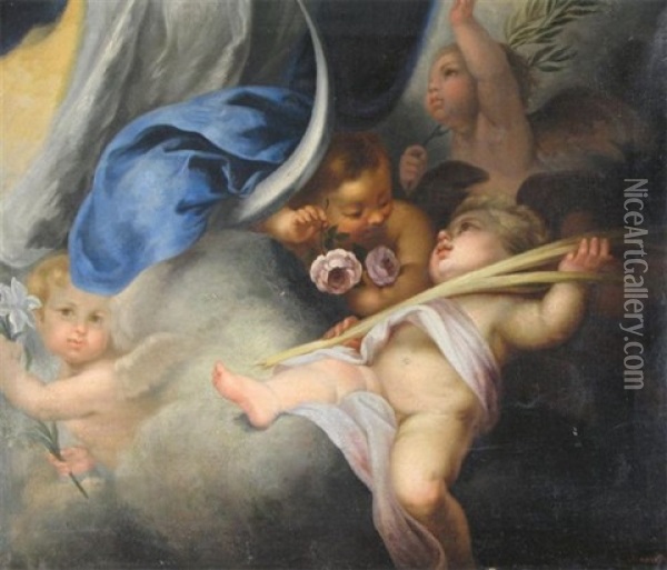 Putti Frolicking At The Foot Of The Madonna Oil Painting - Giuseppe Mazzolini