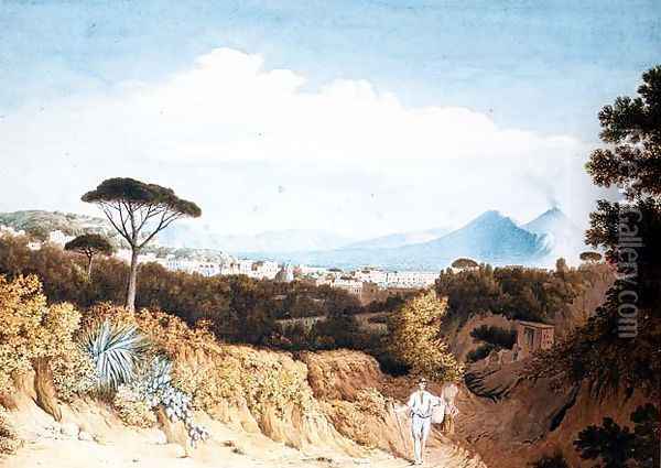 Figures in a Lane with Capodimonte and Vesuvius Beyond Oil Painting - Thomas Jones