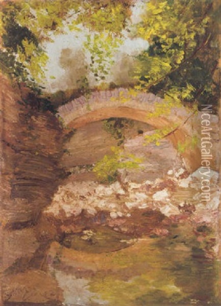 A Woodland Bridge Oil Painting - Nicolas Lytras