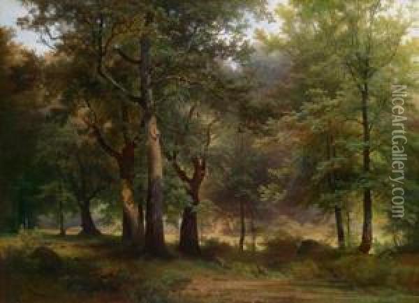 Grose Waldlandschaft Mit Rotwild Im Vordergrund Oil Painting - Joseph Holzer