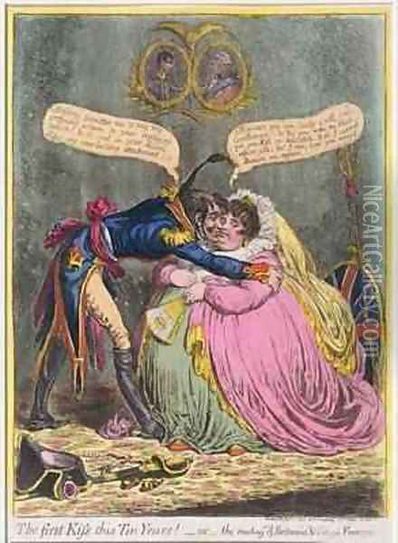 The First Kiss in Ten Years or The Meeting of Britannia and Citizen Francois Oil Painting - James Gillray