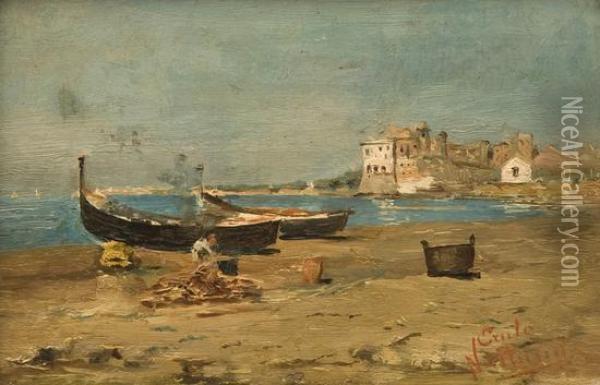 Veduta Di Nettuno Con Pescatori E Barche A Riva Oil Painting - Erulo Eroli