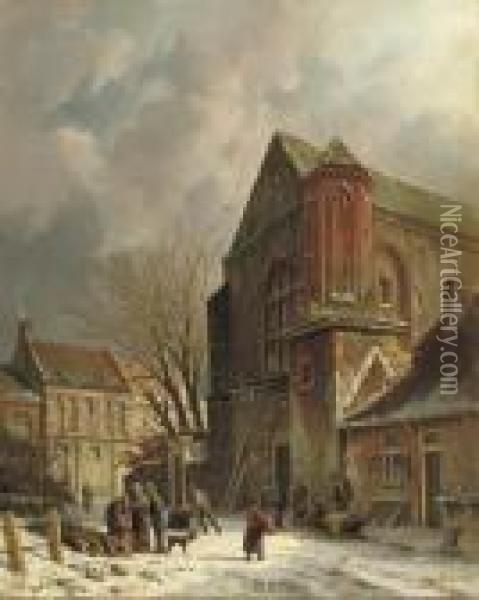 Figures Near A Church In Winter Oil Painting - Adrianus Eversen