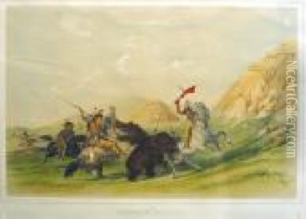 Attacking The Grizzly Bear Oil Painting - George Catlin