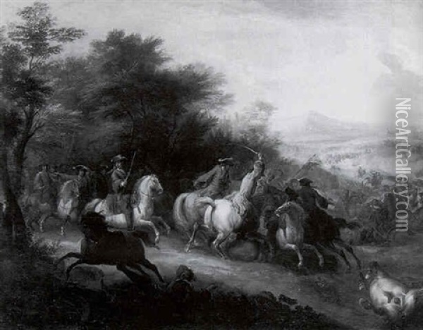 A Cavalry Skirmish Being Joined By Fresh Troops Oil Painting - Adam Frans van der Meulen