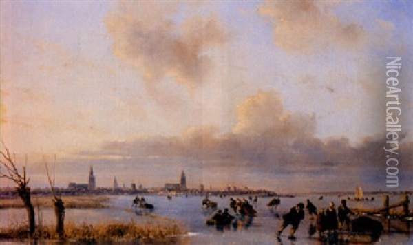 Skaters On A Frozen River, A Town In The Distance Oil Painting - Nicolaas Johannes Roosenboom