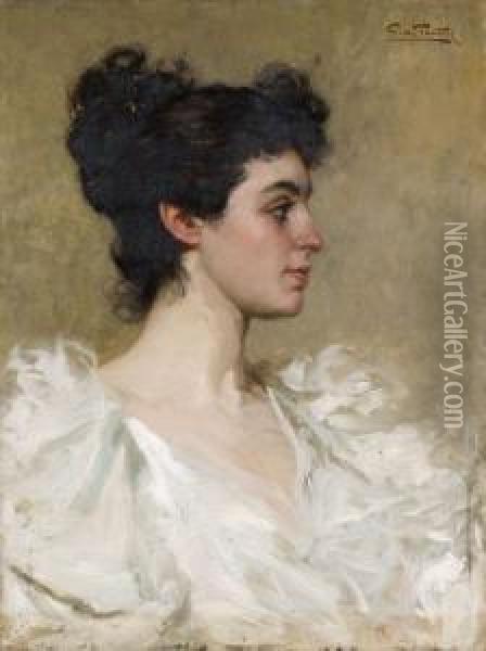 Ritratto Di Giovane Donna In Bianco Oil Painting - Giuseppe De Sanctis
