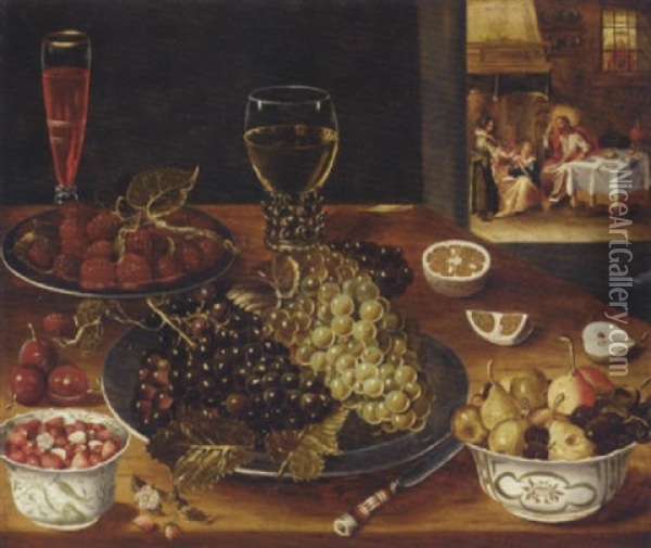 Grapes And Mulberries On Pewter Platters, Pears, Cherries And Strawberries In Porselein Bowls, A Wine Glass And A Roemer On A Table, Christ In The House Of Mary And Martha Beyond Oil Painting - Osias Beert the Elder