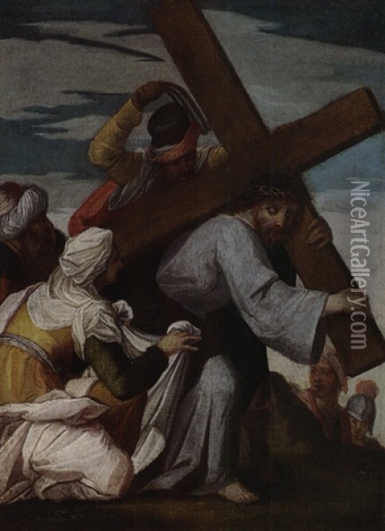 Christus Fallt Unter Dem Kreuz Und Veronika Reicht Ihm Das Schweistuch Oil Painting - Christoph Schwarz