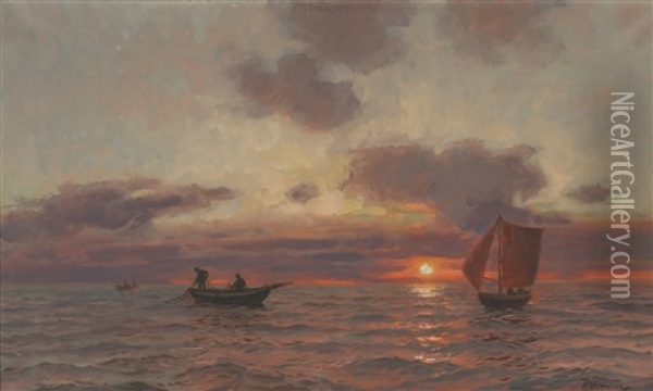 Fiskebater I Solnedgang Oil Painting - Thorolf Holmboe