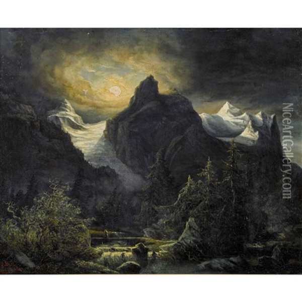 Well- Und Wetterhorn Im Mondlicht Oil Painting - Julius Rieter