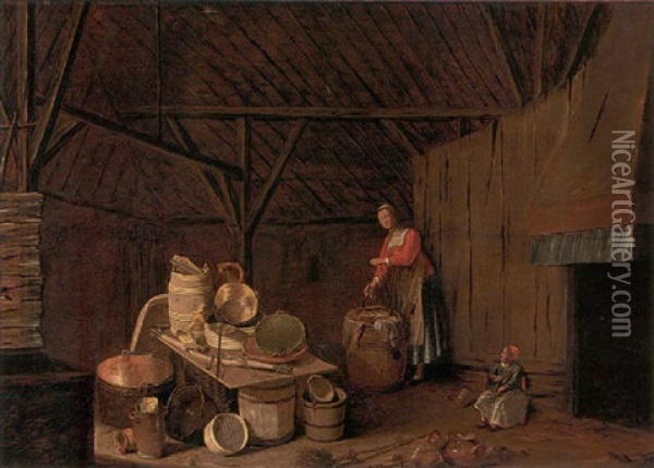 The Interior Of Barn With A Woman Washing Clothes Oil Painting - Egbert Lievensz van der Poel
