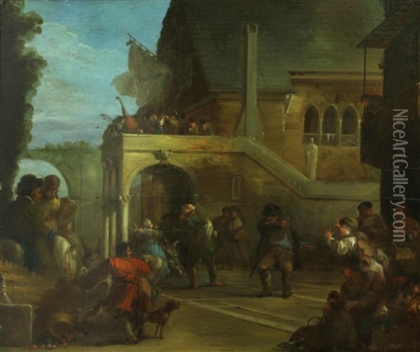 A Skirmish In A Courtyard Oil Painting - Giuseppe Bernardino Bison
