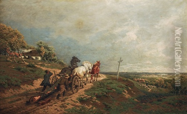 Pferdefuhrwerk In Weiter Landschaft Oil Painting - Wilhelm Lommen