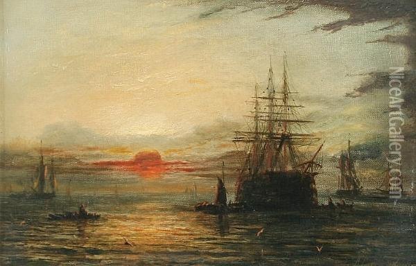 Shipping Moored In Harbour, Evening Oil Painting - Adolphus Knell