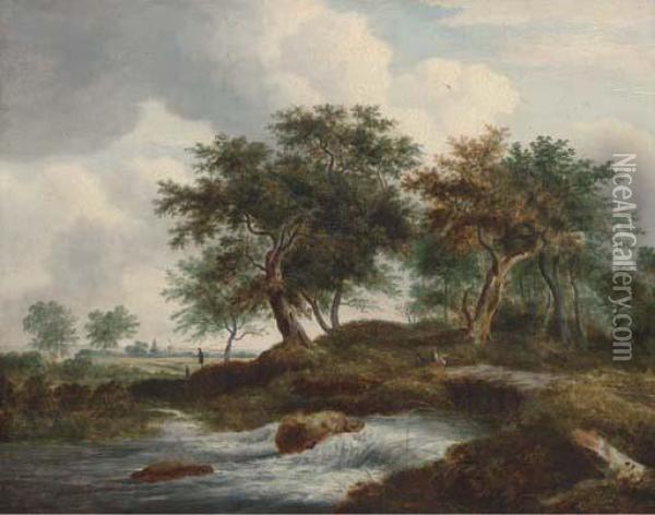 Figures Resting By A River In A Dutch Landscape Oil Painting - Ramsay Richard Reinagle