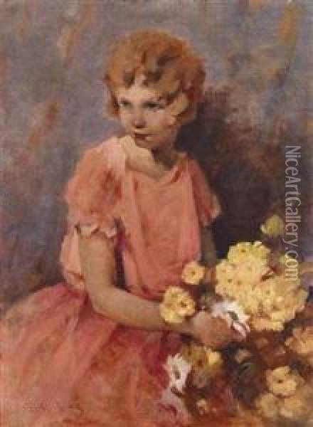 Girl With Bouquet Of Flowers Oil Painting - Bertalan Vigh