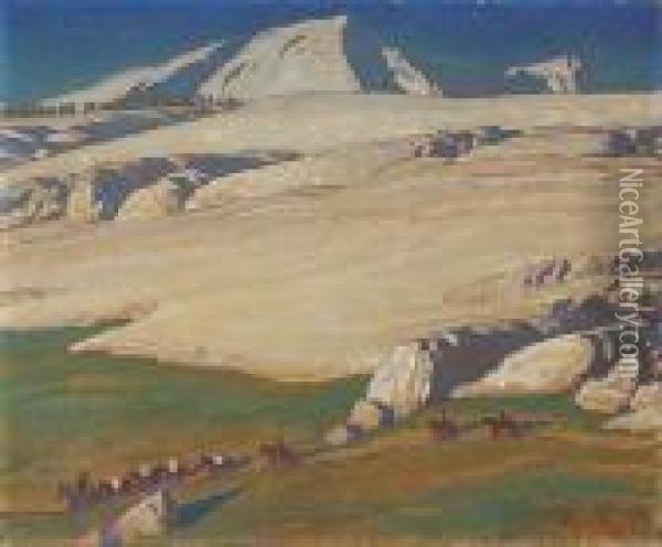 Moraine And Meadow, Sierra Nevada, Inyocounty, California Oil Painting - Maynard Dixon