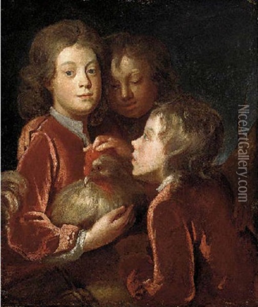 Portrait Of Three Boys In Red Coats, Holding A Chicken Oil Painting - Sir John Baptist de Medina