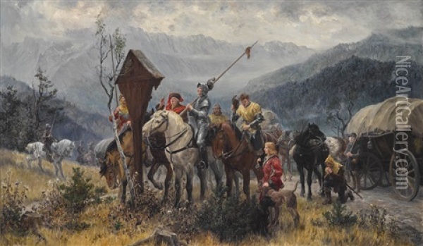 Landsknechte Am Wegkreuz Oil Painting - Wilhelm Karl Raeuber