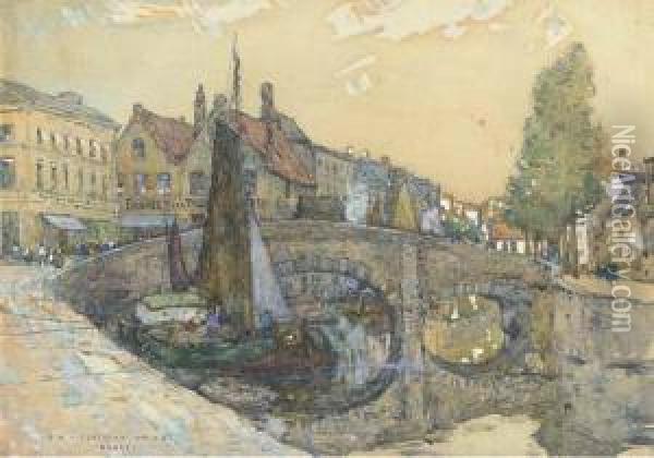 Bruges; And Barges On A Canal Before A Cathedral Oil Painting - Robert Mcgown Coventry