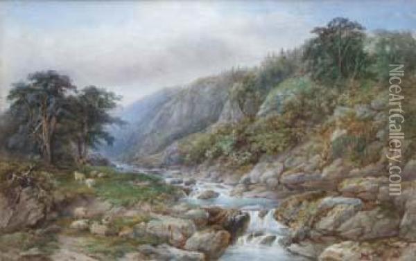 River Scene With Sheep In 
Fore Ground Oil Painting - J. Mcarthur