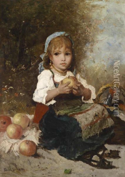 Girl Infolk Costume Eating An Apple Oil Painting - Lajos Bruck