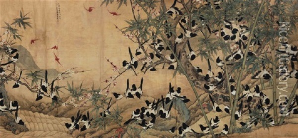 Great Happiness Auspicious Bats And Magpies Oil Painting -  Chen Kanghou