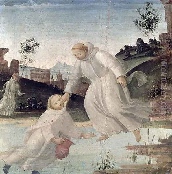 Scenes from the Life of St. Benedict- Maurus, on the instruction of St. Benedict, pulls Placidus from the lake, c.1488 Oil Painting - Bartolomeo Di Giovanni