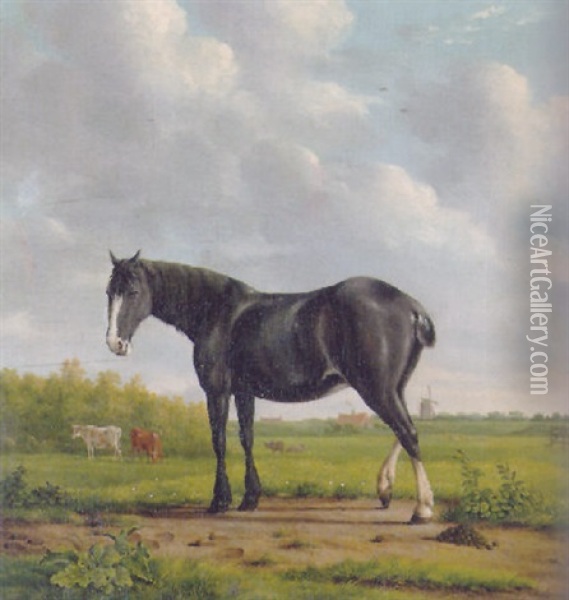 A Horse Standing In A Landscape, Cows In A Meadow Beyond, A Mill In The Distance Oil Painting - Anthony Oberman