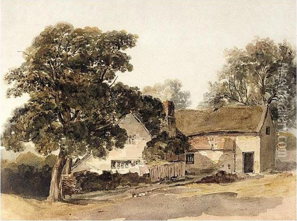 A Woman Drying Clothes Outside A Farmhouse Near Methley, Yorkshire Oil Painting - Peter de Wint