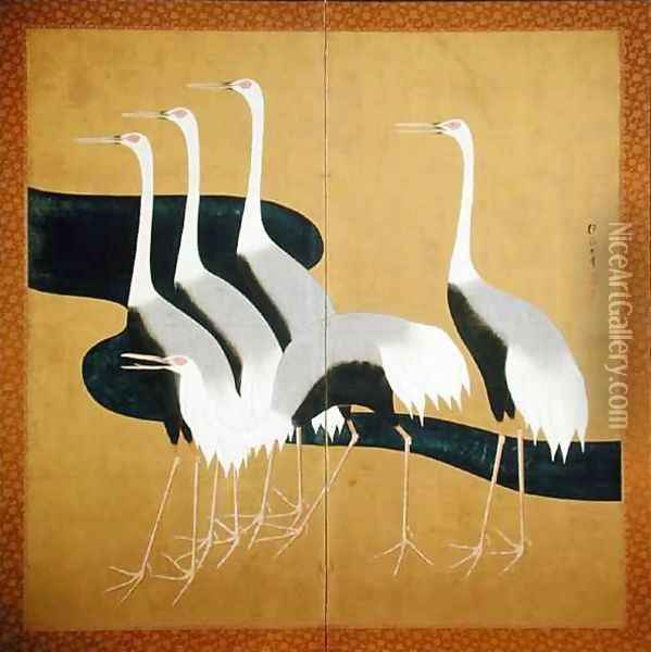 Two panel folding screen depicting cranes Oil Painting - Sakai Hoitsu