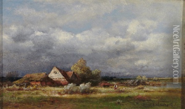 Besonnte Abendliche Landschaft Mit Gehoft Oil Painting - Louis (Ludwig) Neubert