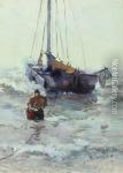 Anlandendes Fischerboot Oil Painting - German Grobe