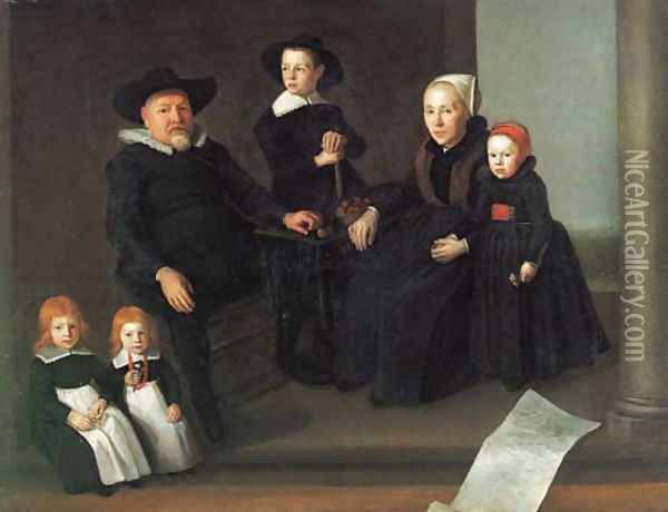 Group portrait of a gentleman and his wife, and their four children on a terrace Oil Painting - Gerbrand Ban