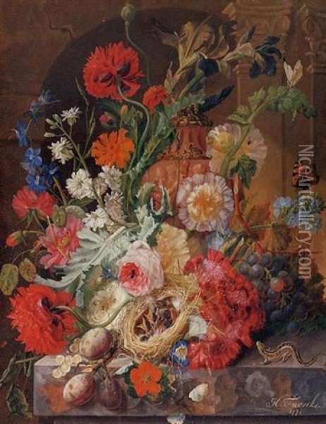 Irises, Peonies, Roses And Other Flowers Surrounding A Terracotta Urn, With A Birds' Nest, Grapes And Plums Oil Painting - Johannes Hendrik Fredriks