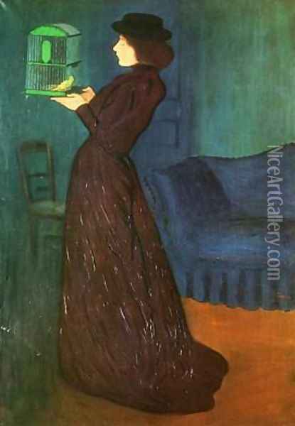 Woman with a Birdcage Oil Painting - Jozsef Rippl-Ronai