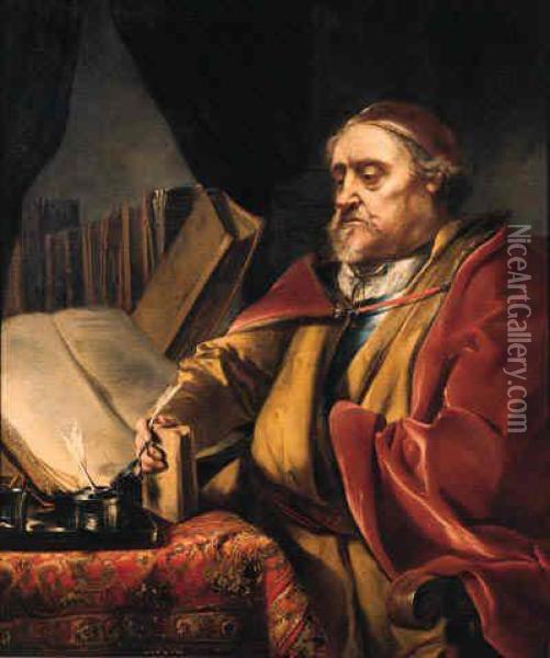 A Scholar, Seated Three-quarter Length At A Desk Oil Painting - Sir Godfrey Kneller