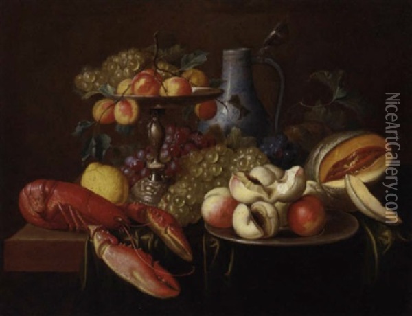 Peaches And Grapes On A Silver Tazza, A Porcelain Ewer And Peaches On A Silver Platter With A Lobster, Lemon, Bunches Of Grapes And A Melon On A Table Oil Painting - Alexander Coosemans