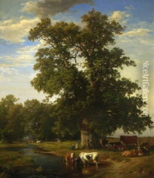 Baumlandschaft Mit Hirten Und Kuhen Am Wasser Oil Painting - Henry Lot