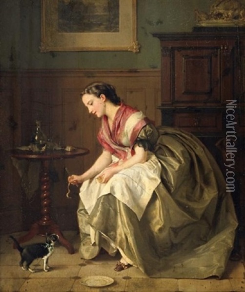 Junge Frau Futtert Ein Katzchen In Der Stube Oil Painting - Jean Baptiste Antoine Emile Beranger
