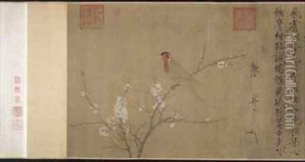 Five coloured Parakeet on a Blossoming Apricot Tree Oil Painting - Huizong Emperor