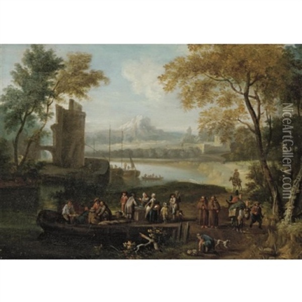 Landscape With Men Loading Cargo Onto A Ferry, Travellers And Monks Passing By Oil Painting - Pieter Bout