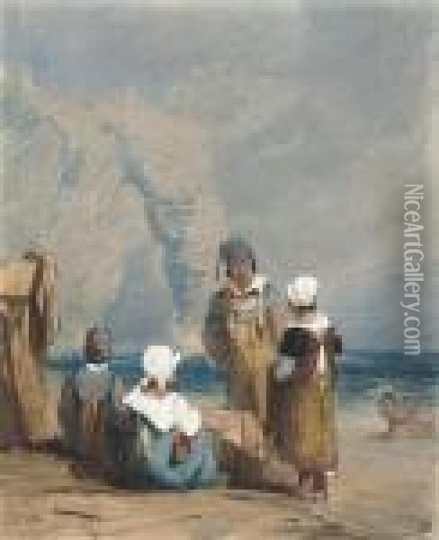 Figures By The Coast At Durdle Door, Dorset Oil Painting - Samuel Prout