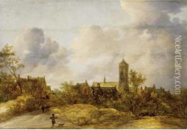 A Dune Landscape With Travellers On A Path Near A Town Oil Painting - Frans de Momper