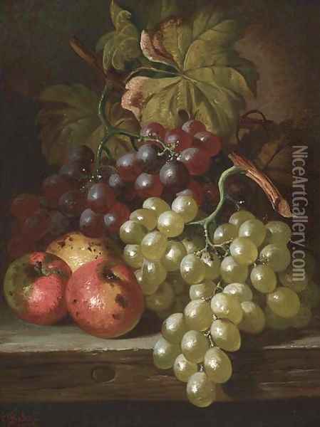 Grapes and apples on a wooden ledge Oil Painting - Charles Thomas Bale