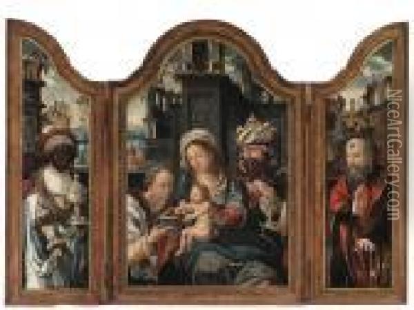 The Adoration Of The Magi: A Triptych Oil Painting - Pieter Coecke Van Aelst