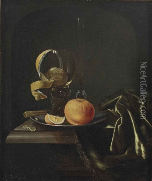 An Orange, A Peeled Lemon And A Glass On A Pewter Dish, All On A Partially Draped Table Oil Painting - Pieter Van Den Bosch